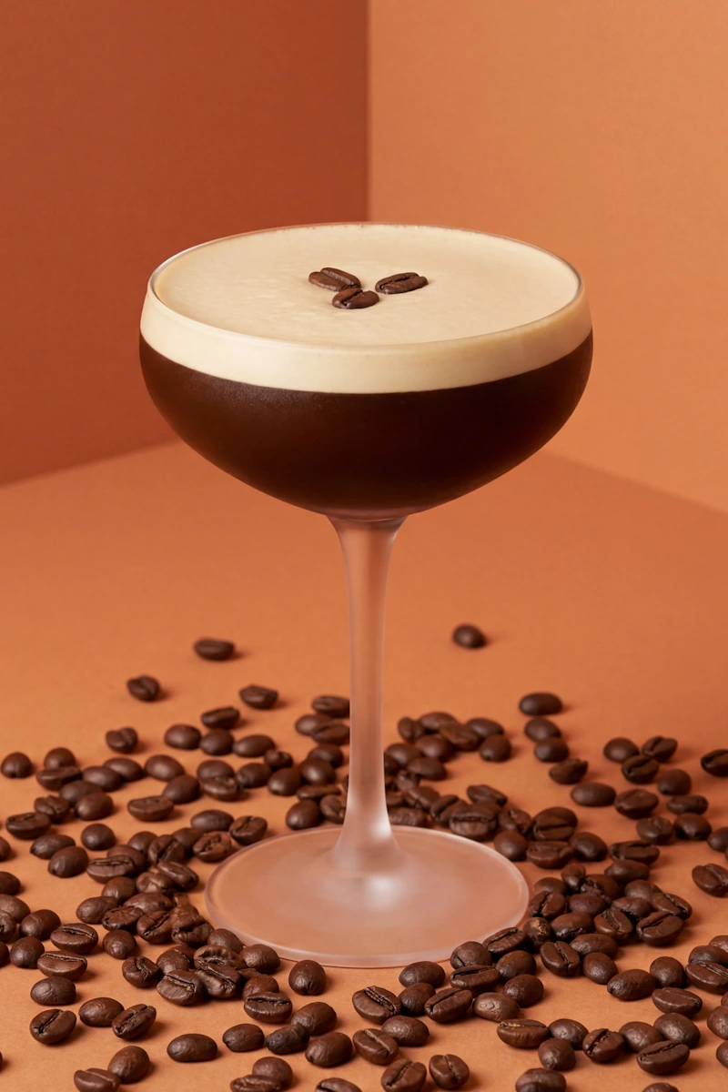 Espresso Martini mit dichter Nitro-Schaumkrone und drei Kaffeebohnen auf einem bernsteinfarbenen Studio-Hintergrund.
