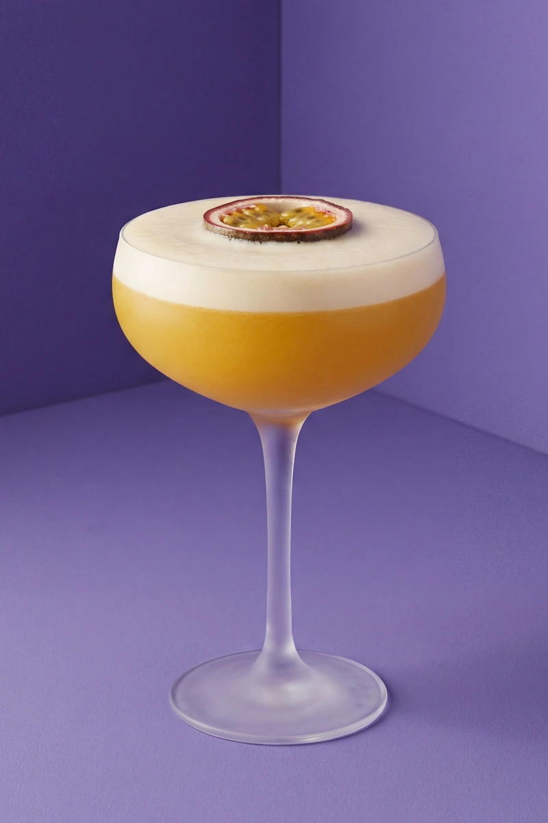 Pornstar Martini Cocktail mit dichter Nitro-Schaumkrone und halber Passionsfrucht als Garnitur vor lila Studio-Hintergrund.