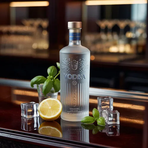 alt_text: A chilled vodka bottle on a wooden bar with ice, lemon slices, and herbs, evoking sophistication.